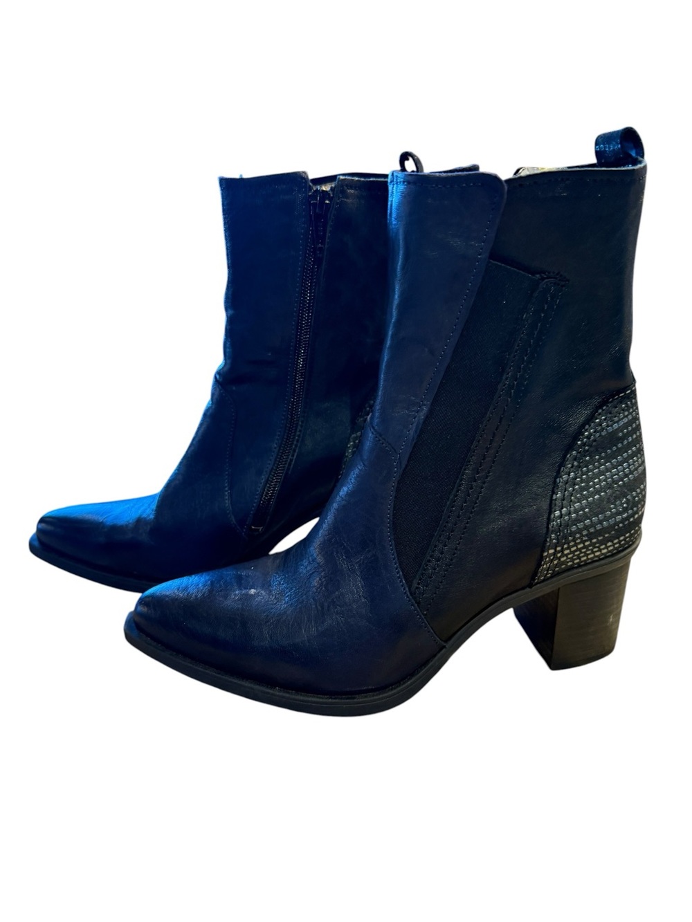 Casta Women's 38/8 Blue & Black Leather Ankle Boots with Textured Heel